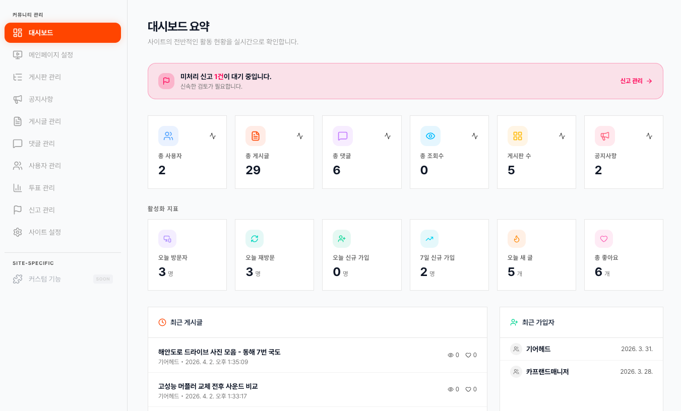 대시보드 홈 화면